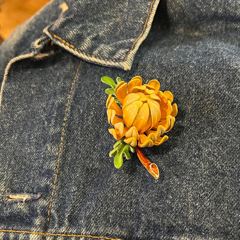 Enameled Orange and Green Flower Brooch
